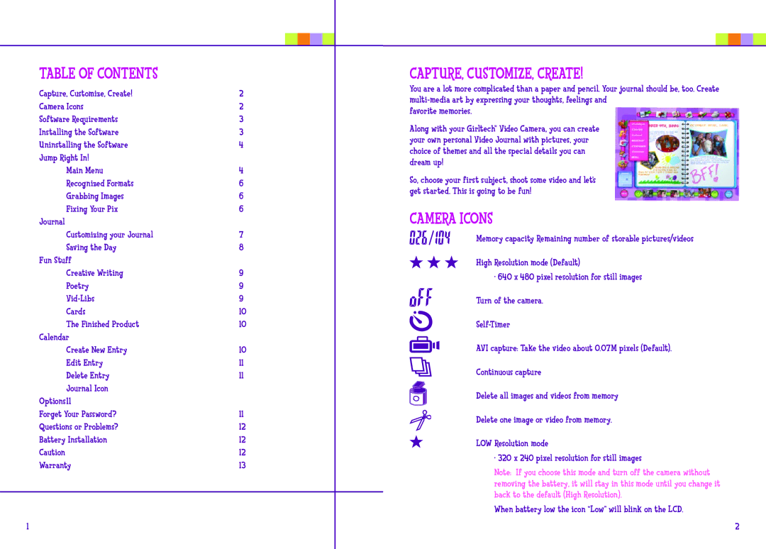 Mattel L7280 manual Table of Contents, CAPTURE, CUSTOMIZE, Create 