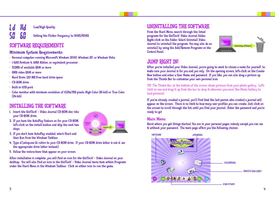 Mattel L7280 manual Software Requirements, Installing the Software, Uninstalling the Software, Jump Right, Main Menu 