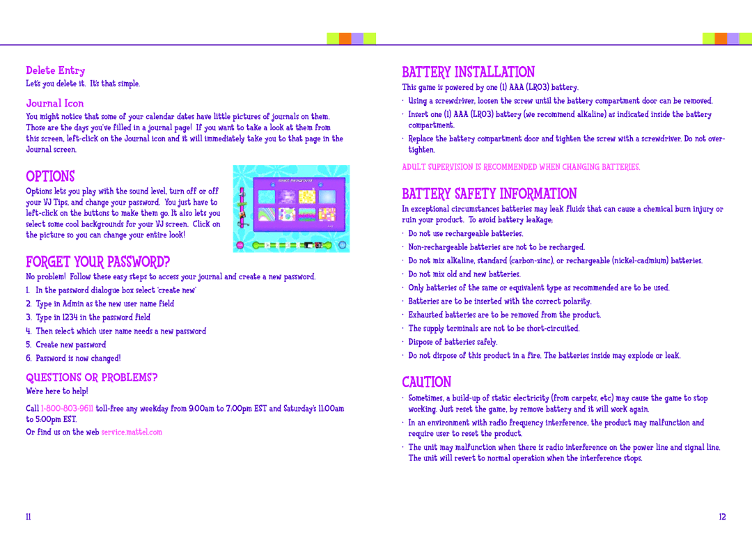 Mattel L7280 manual Options, Forget your password?, Battery Installation, Battery Safety Information 