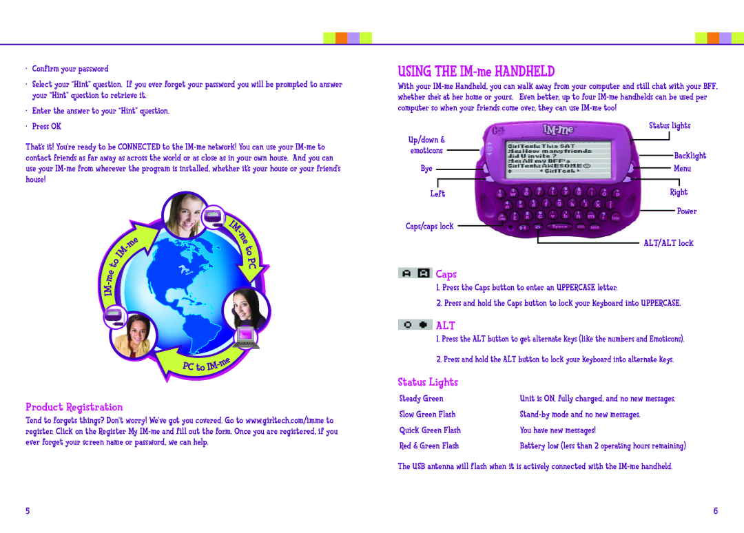 Mattel L7281 manual Using the IM-me Handheld, Product Registration, Caps, Status Lights 