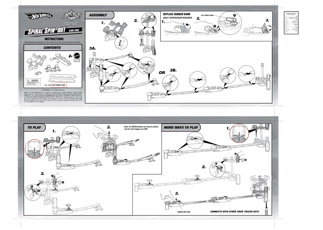 Mattel M2606-0920 instruction sheet Spiral Spin, Or 3B, Contents Assembly, To Play, More Ways to Play 