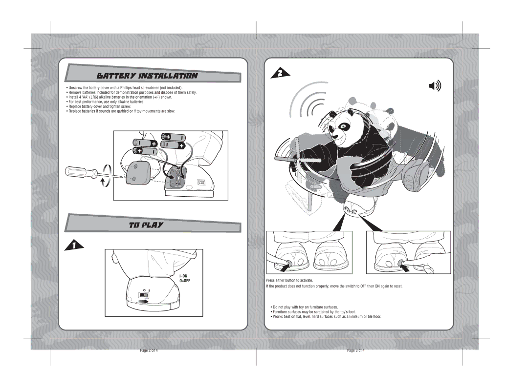 Mattel M2708-0920 instruction sheet Battery Installation, To Play, =On =Off 