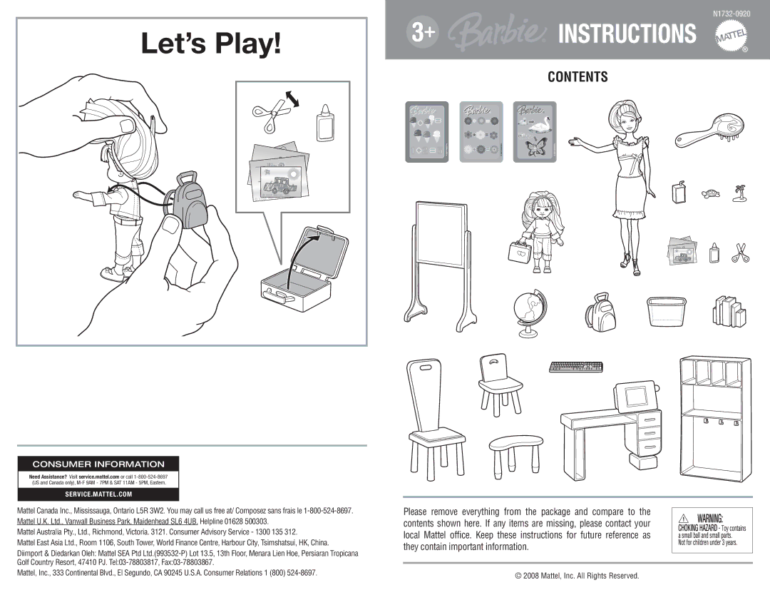 Mattel N1732-0920 manual Let’s Play, Instructions, Contents 