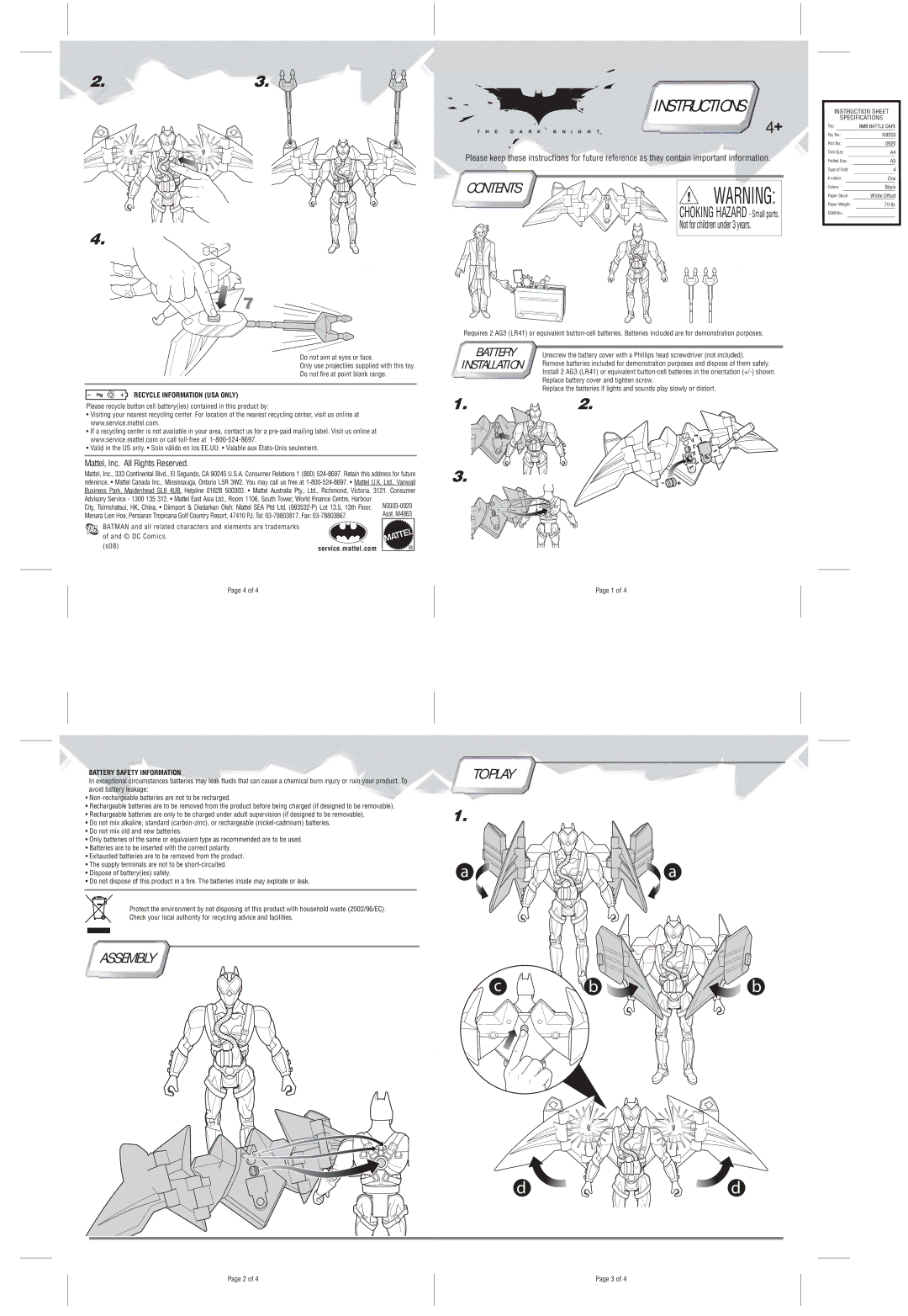 Mattel N9303-0920 instruction sheet Contents, Assembly To Play 