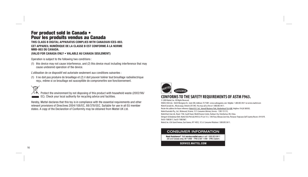 Mattel N9496 instruction manual Conforms to the Safety Requirements of Astm F963 