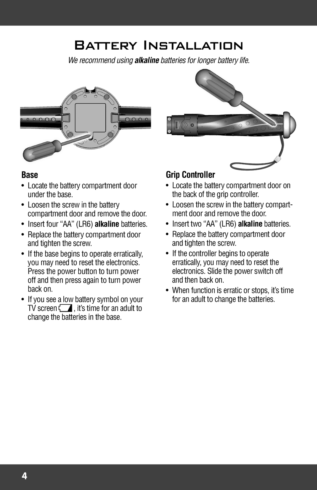 Mattel P5959 manual Battery Installation, Locate the battery compartment door under the base 