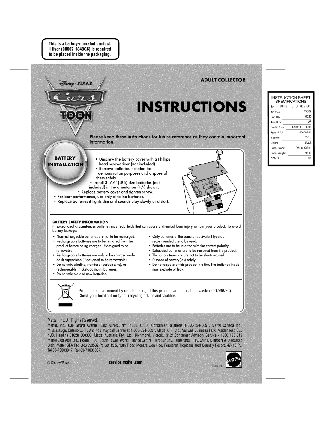 Mattel R5302-0920 installation instructions Instructions, Battery Safety Information, Instruction Sheet Specifications 