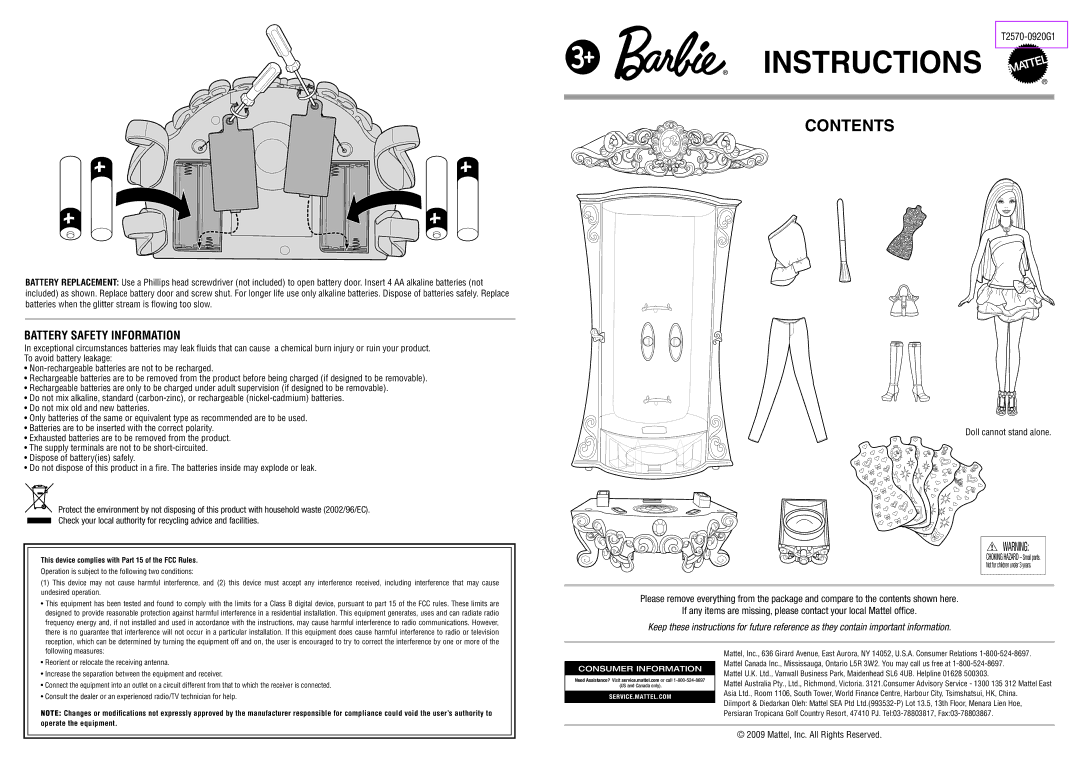 Mattel T2570-0920G1 manual Instructions, Contents 