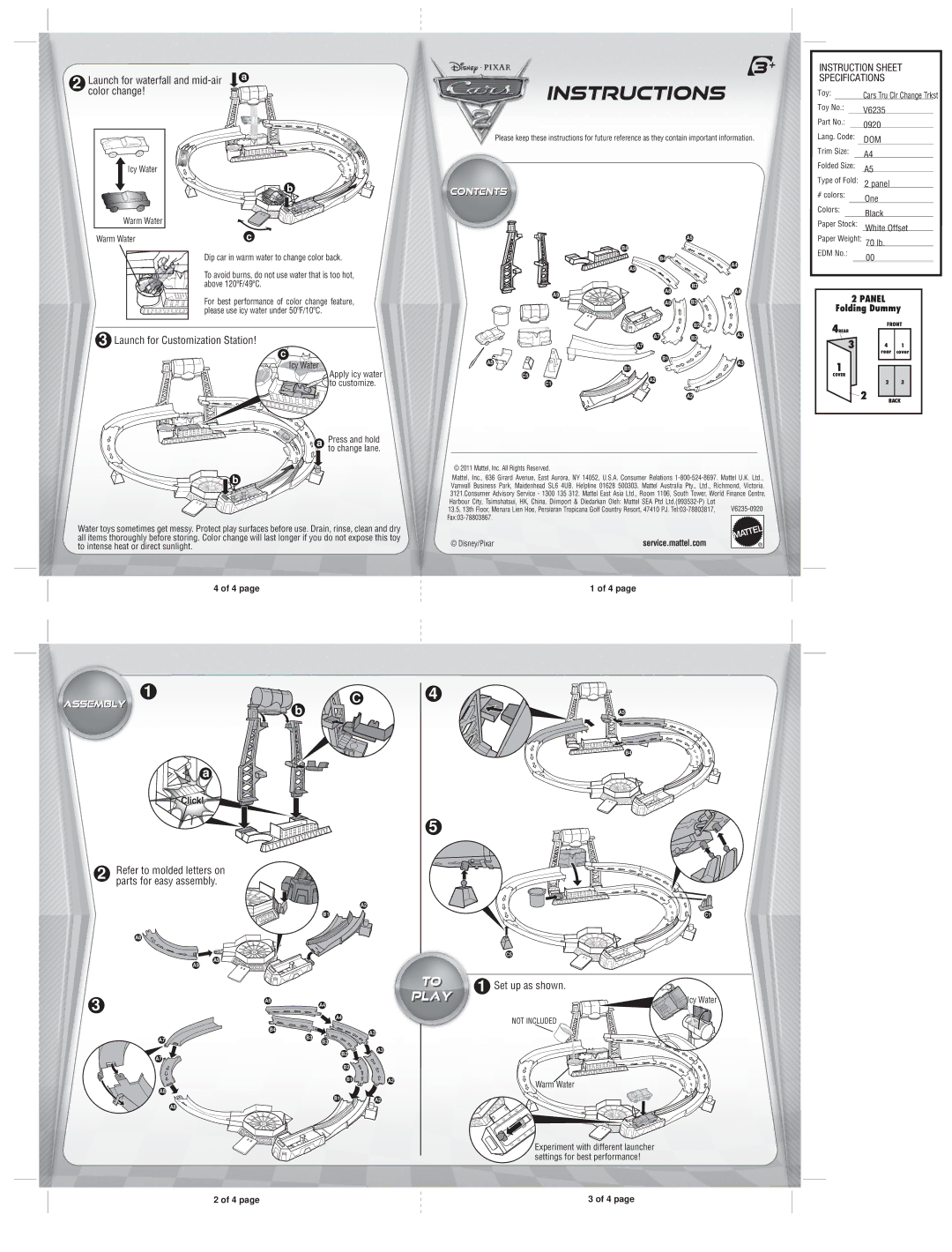 Mattel V6235 instruction sheet Instructions, Play, Launch for waterfall and mid-air Color change 