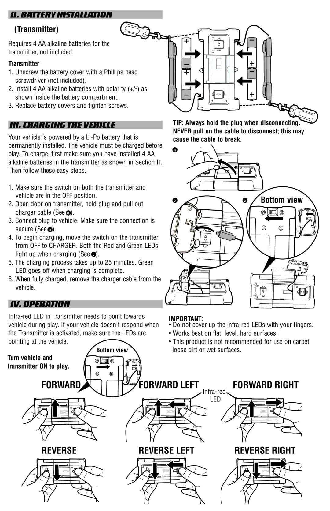 Mattel WD465, W0464, X1445, T9542 manual II. Battery Installation, III. Charging the Vehicle, IV. Operation, Transmitter 