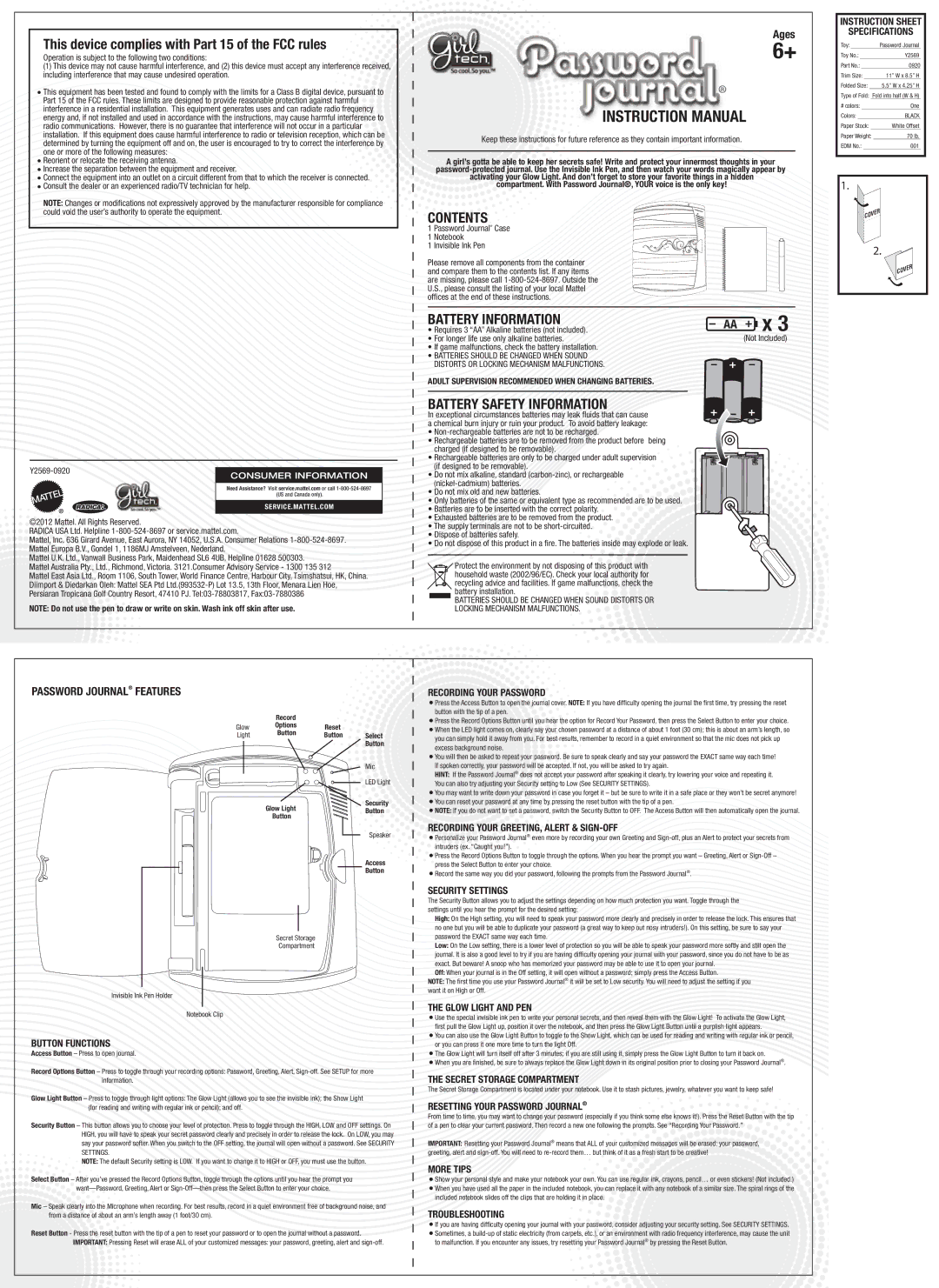 Mattel Y2569 instruction manual Contents, Battery Information, Battery Safety Information 