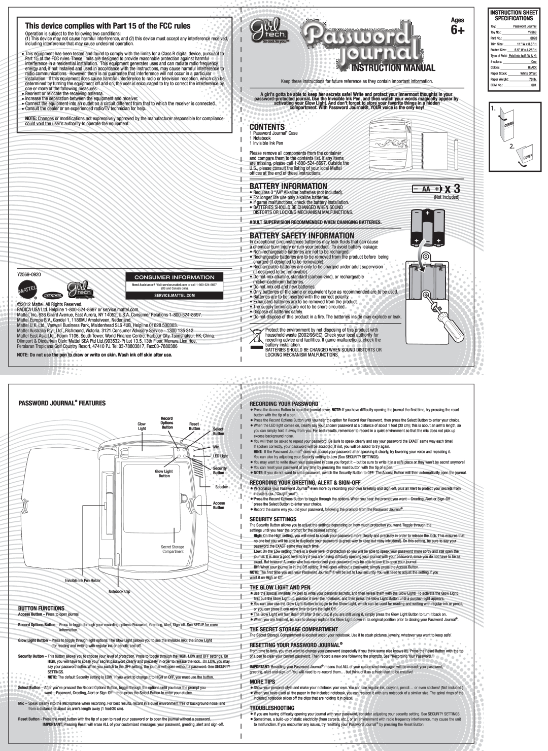 Mattel Y2569 instruction manual AA x, Instruction Manual, This device complies with Part 15 of the FCC rules, Contents 