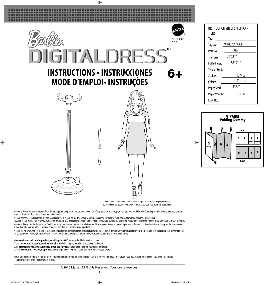 Mattel Y8178-0824  Y8179 instruction sheet Y8178-0824 Y8179, Folded Size, Paper Stork, Paper Weight 