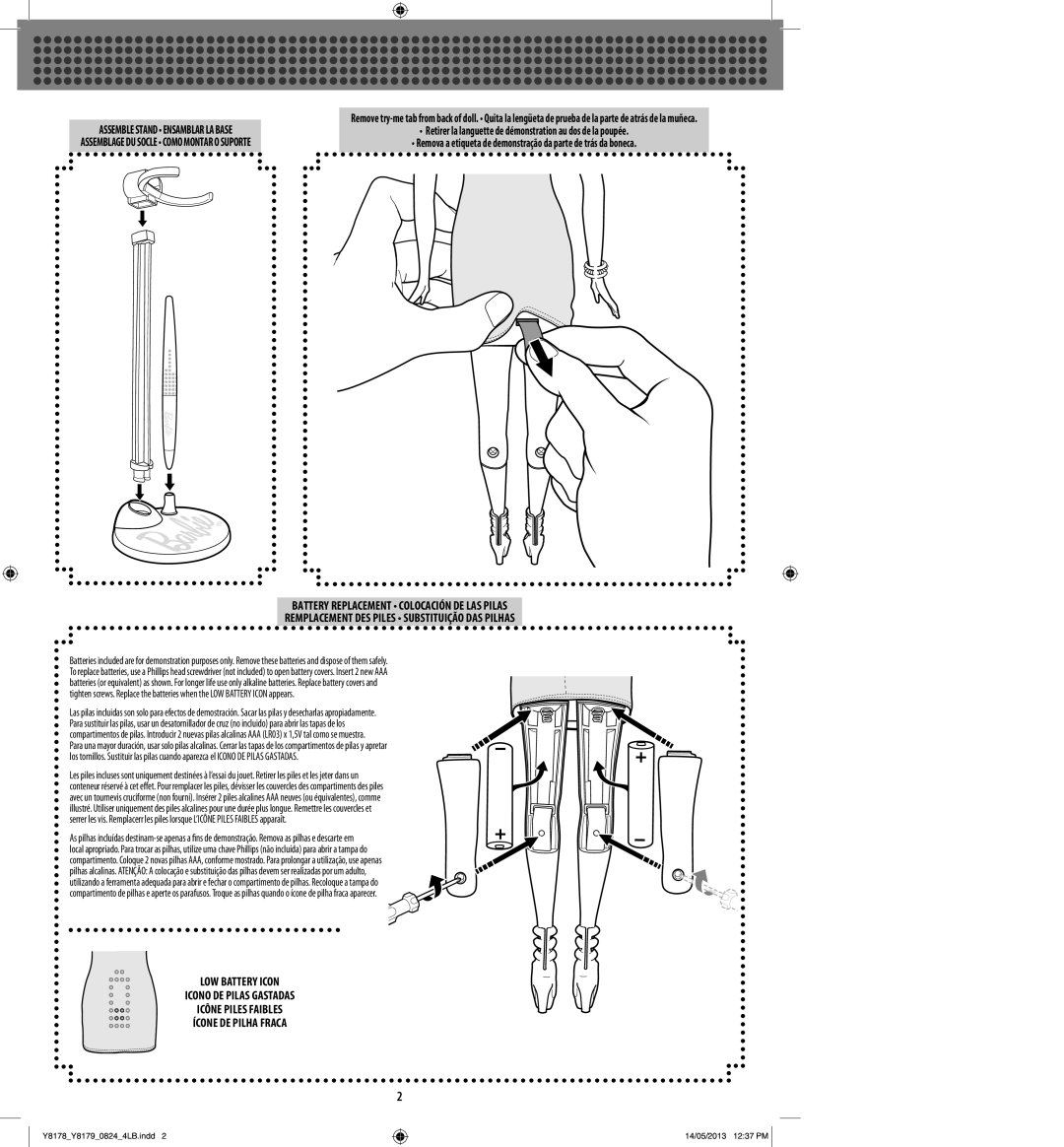 Mattel Y8178-0824  Y8179 instruction sheet LOW Battery Icon Icono DE Pilas Gastadas, Assemble Stand Ensamblar LA Base 