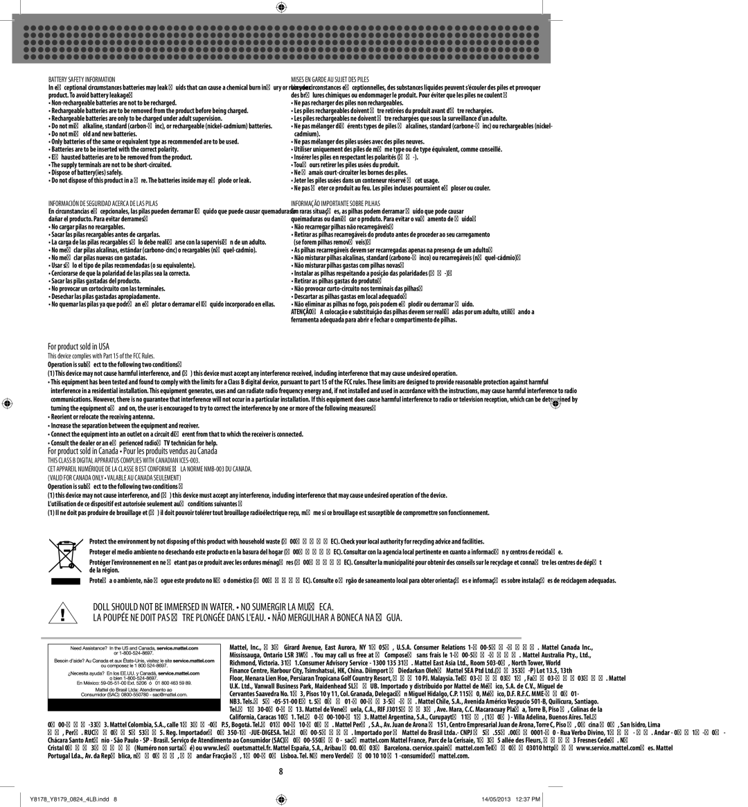 Mattel Y8178-0824  Y8179 instruction sheet Battery Safety Information, Información DE Seguridad Acerca DE LAS Pilas 