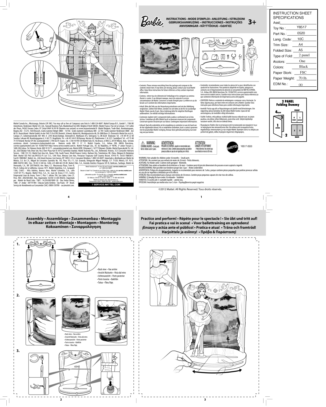 Mattel Y8517 instruction sheet Advertencia, Instruction Sheet Specifications, Fsc 