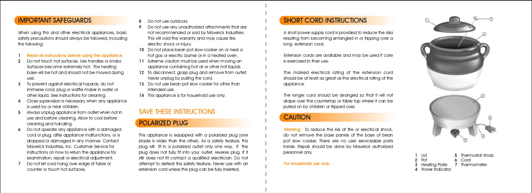 Maverick Ventures BP-01 owner manual Important Safeguards, Polarized Plug, Short Cord Instructions, Lid 