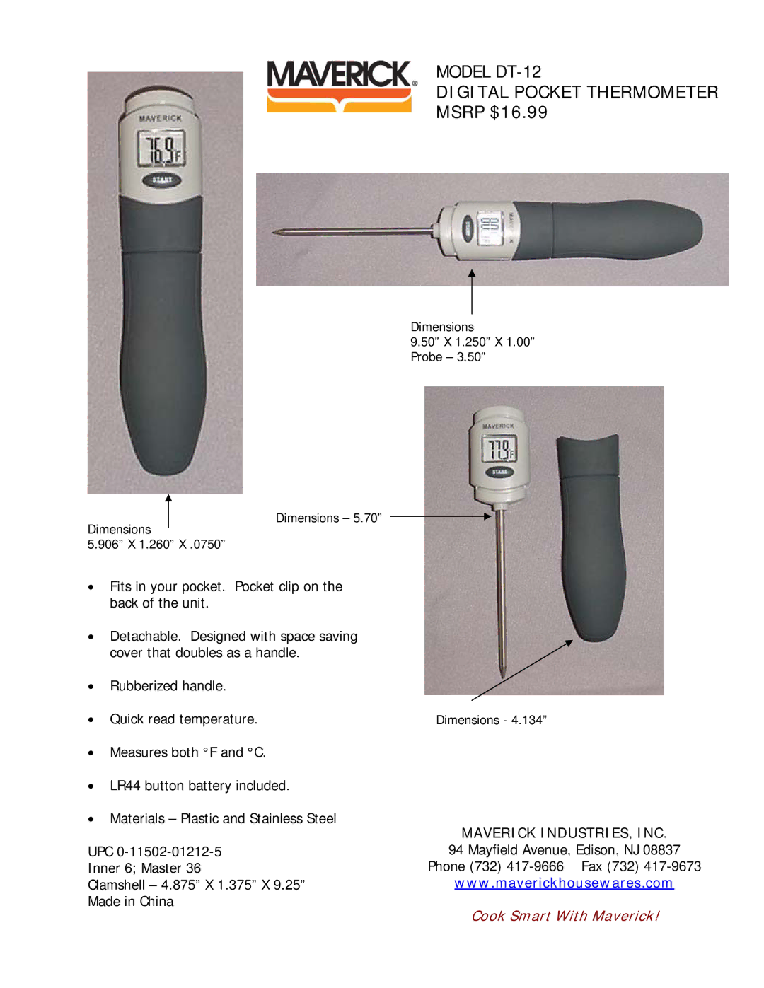 Maverick Ventures DT-12 dimensions Digital Pocket Thermometer Msrp $16.99 