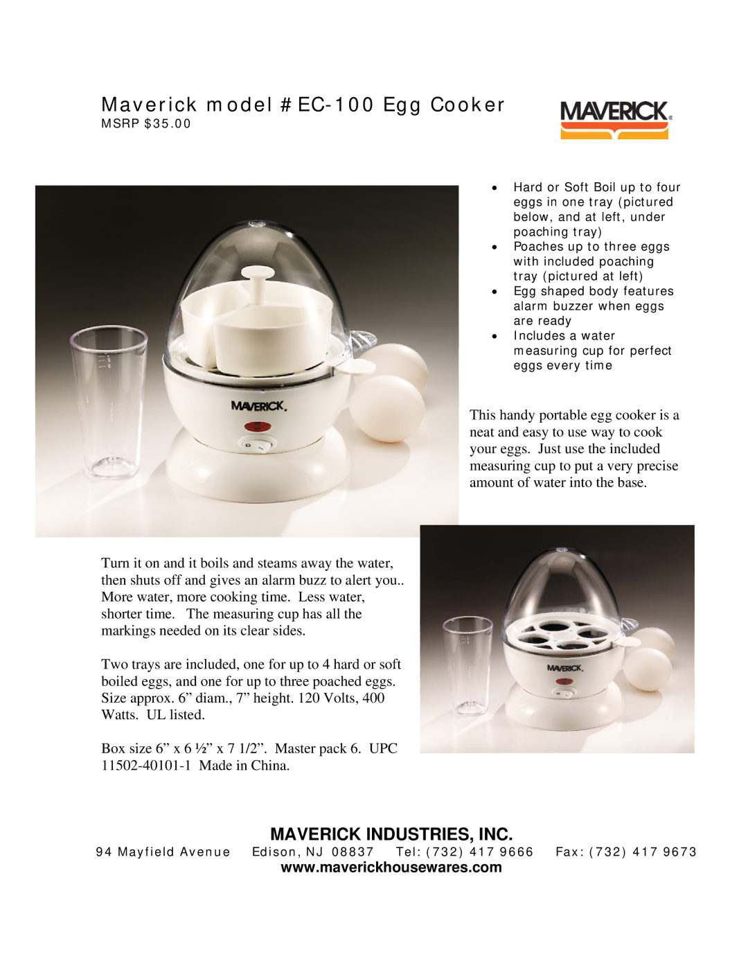 Maverick Ventures manual Maverick model #EC-100 Egg Cooker 