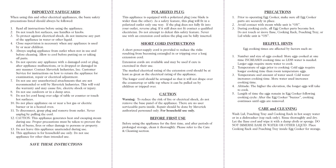 Maverick Ventures EC-200 Important Safeguards, Polarized Plug, Short Cord Instructions, Before First USE, Precautions 
