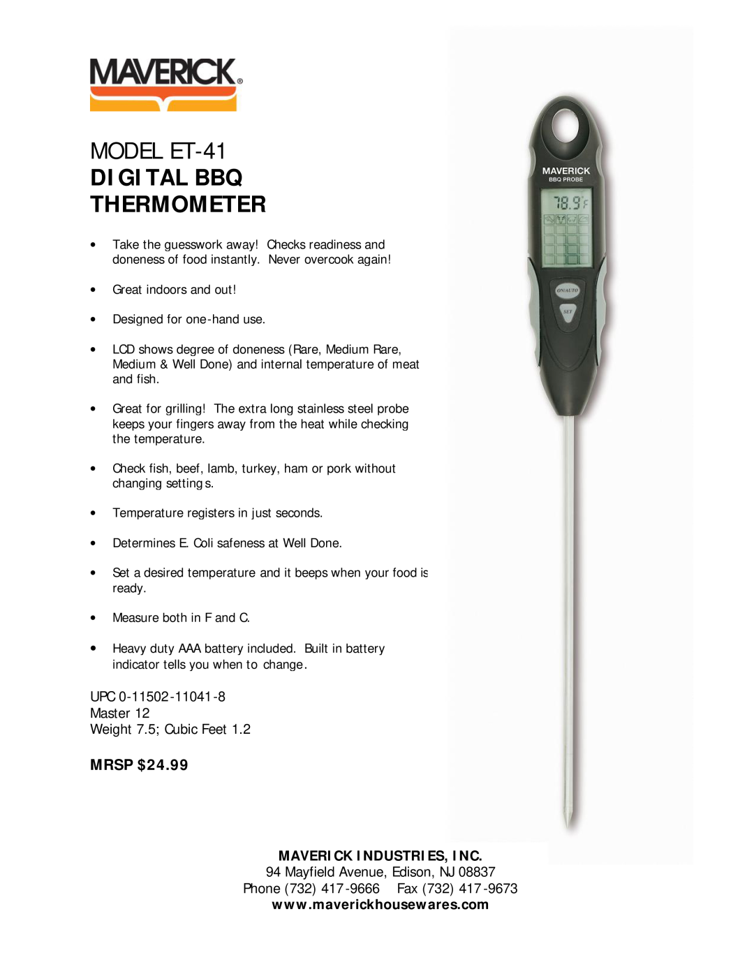 Maverick Ventures manual MODEL ET-41, Digital Bbq Thermometer, MRSP $24.99, Maverick Industries, Inc 