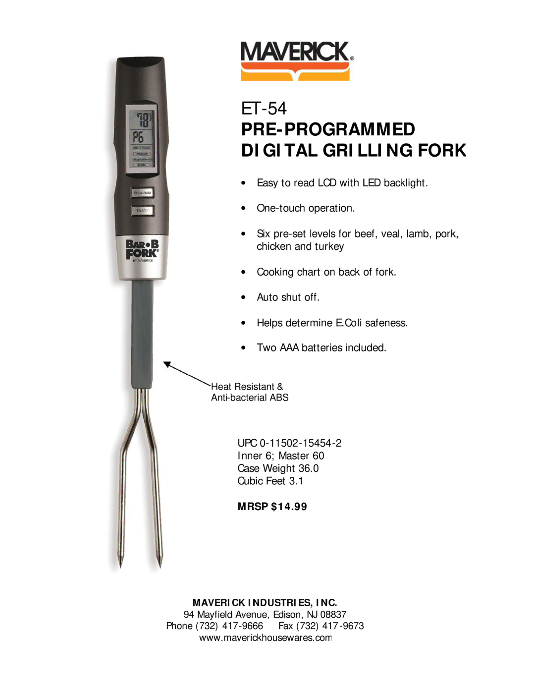 Maverick Ventures ET-54 manual PRE-PROGRAMMED Digital Grilling Fork 