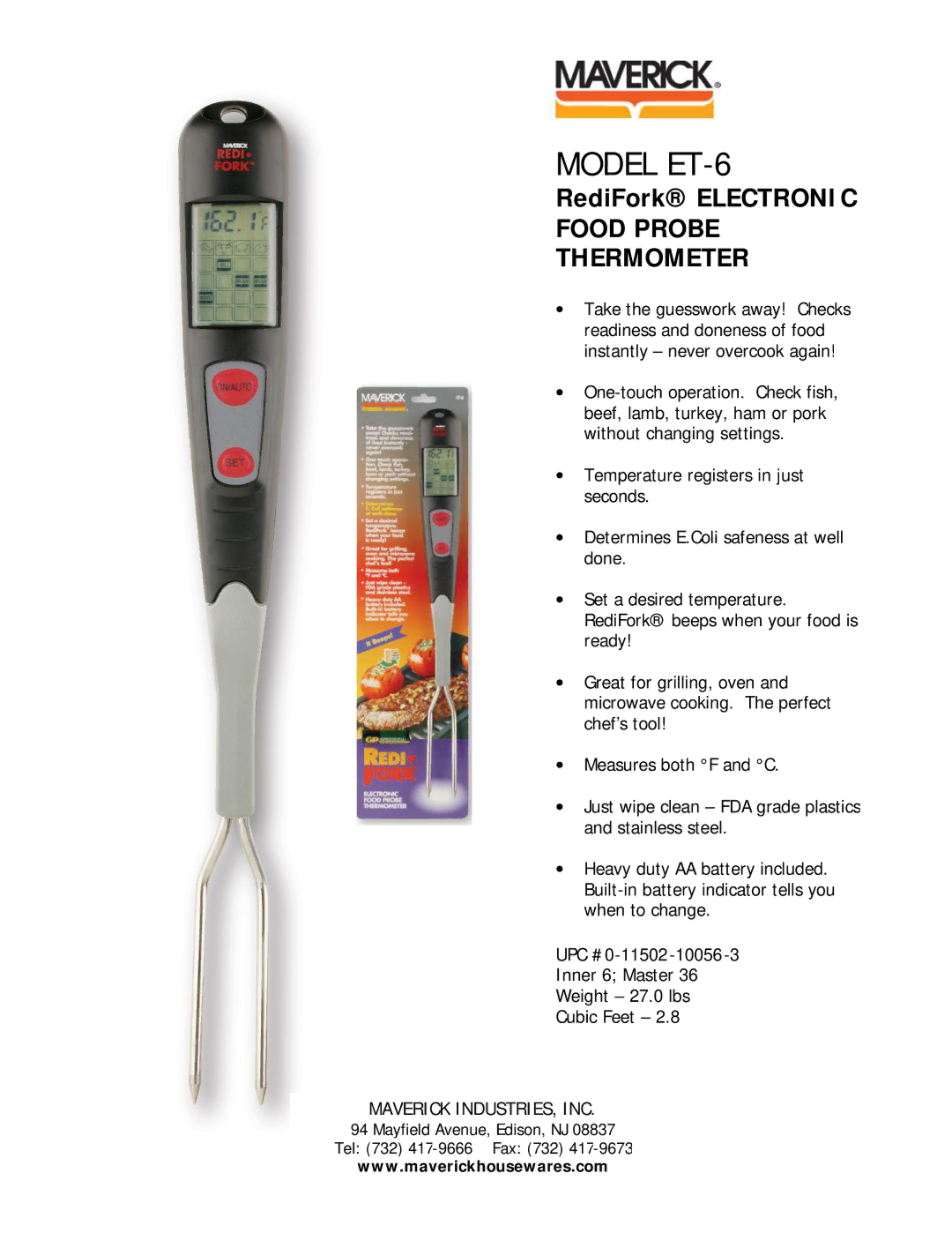 Maverick Ventures manual Model ET-6, Food Probe Thermometer 