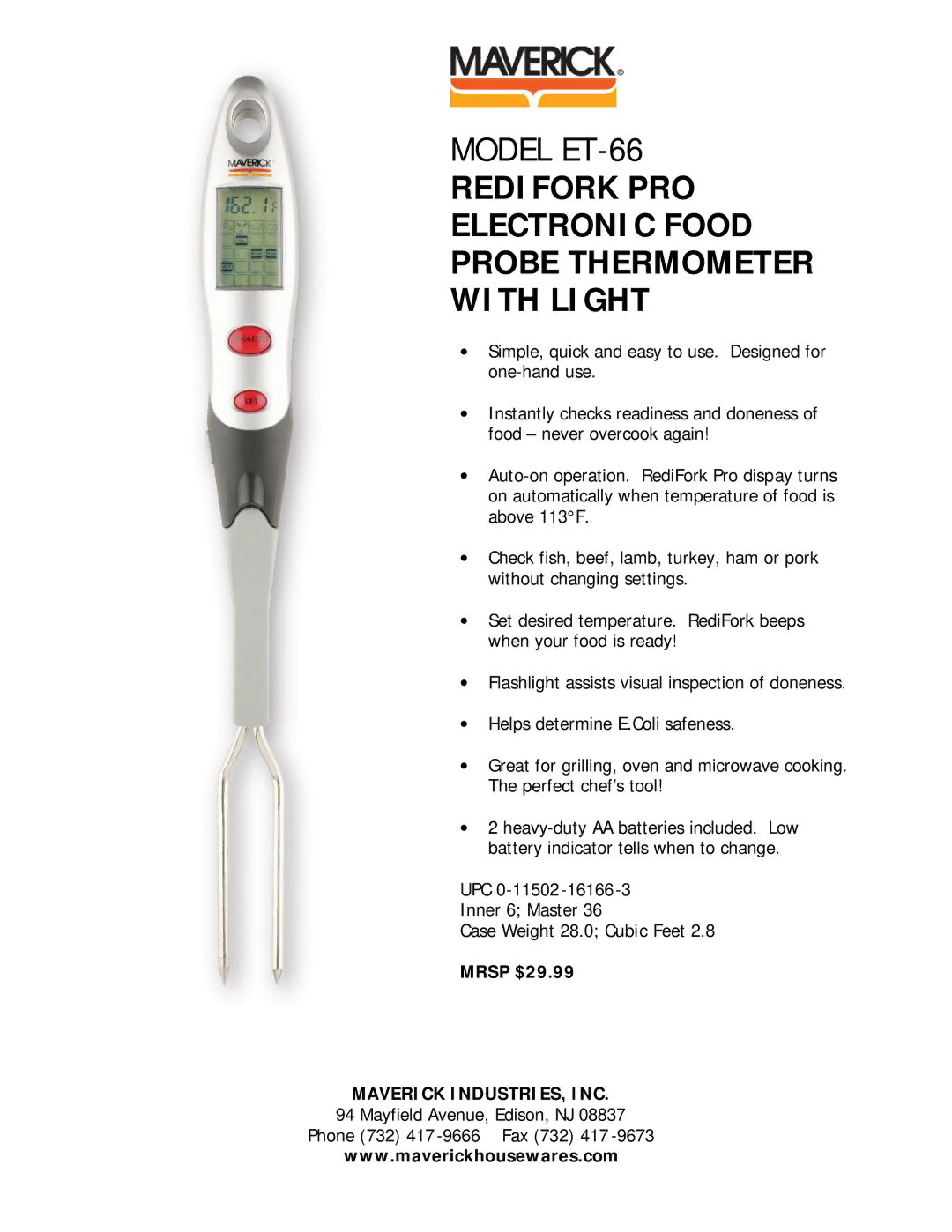 Maverick Ventures ET-66 manual Redifork PRO Electronic Food Probe Thermometer With Light 