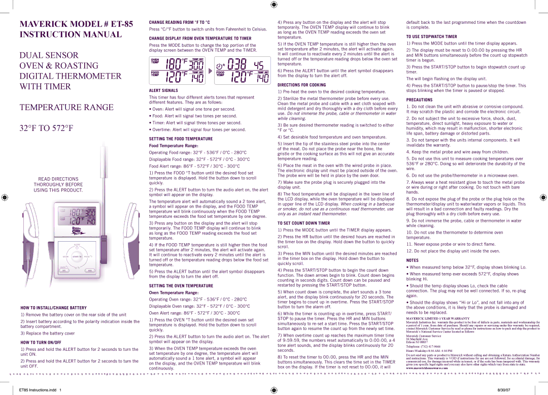 Maverick Ventures ET-85 manual HOW to INSTALL/CHANGE Battery, HOW to Turn ON/OFF, Change Reading from F to C, Precautions 