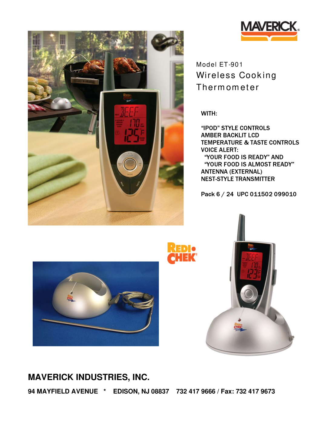 Maverick Ventures manual Wireless Cooking Thermometer, Maverick Industries, Inc, Model ET-901, With 