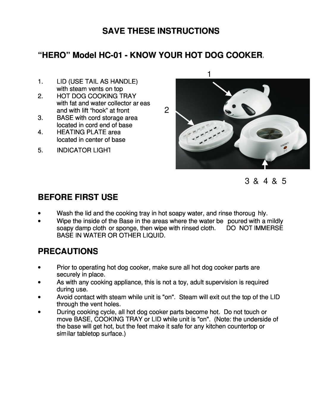 Maverick Ventures manual Save These Instructions, “HERO” Model HC-01- KNOW YOUR HOT DOG COOKER, 3 & 4 & BEFORE FIRST USE 