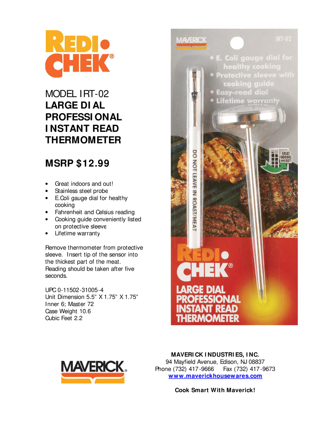 Maverick Ventures IRT-02 warranty Large Dial Professional Instant Read Thermometer, Msrp $12.99 