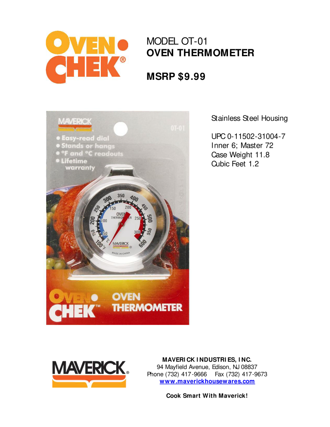 Maverick Ventures OT-01 manual Oven Thermometer, Msrp $9.99 