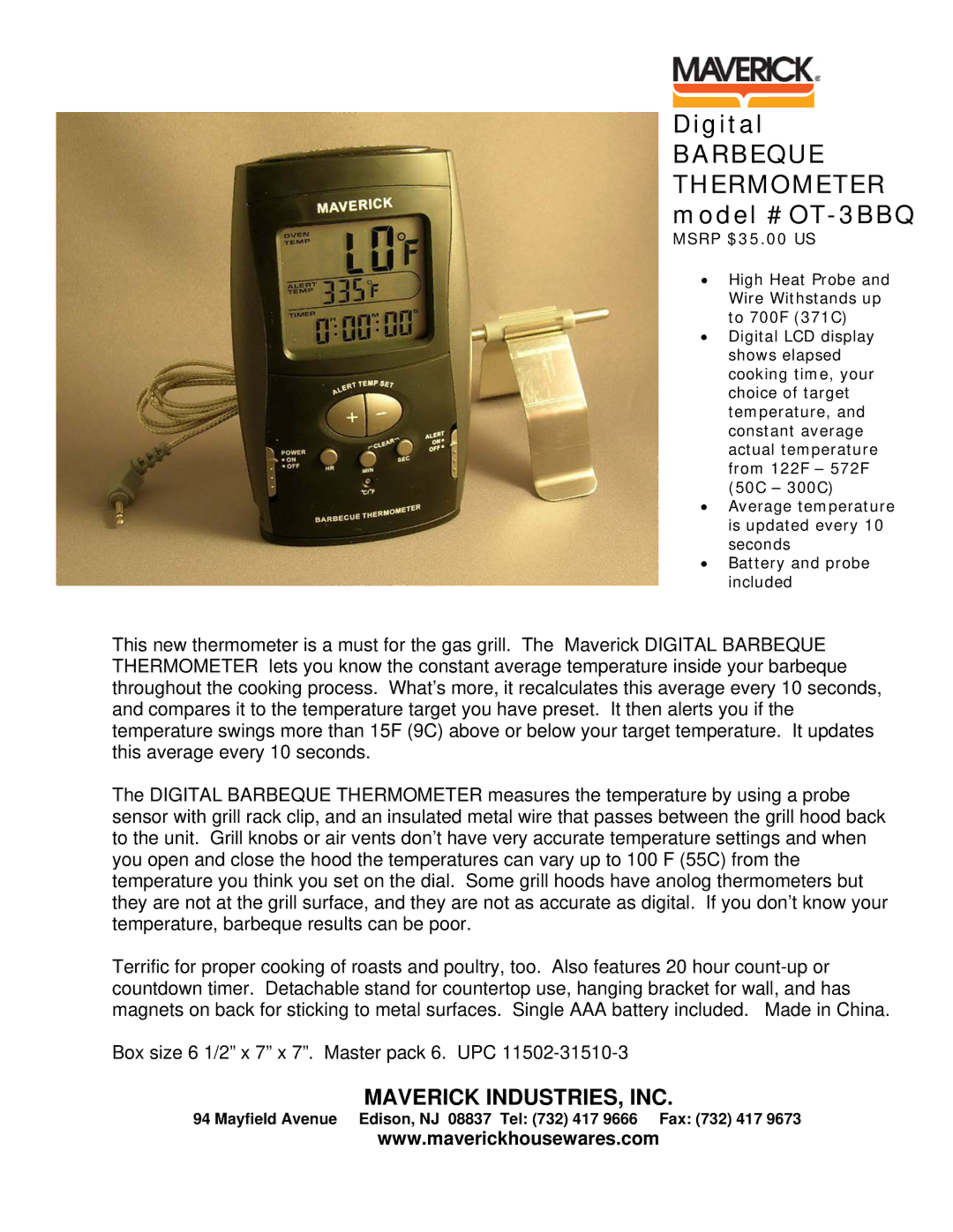 Maverick Ventures manual Digital Barbeque Thermometer model #OT-3BBQ, Msrp $35.00 US 