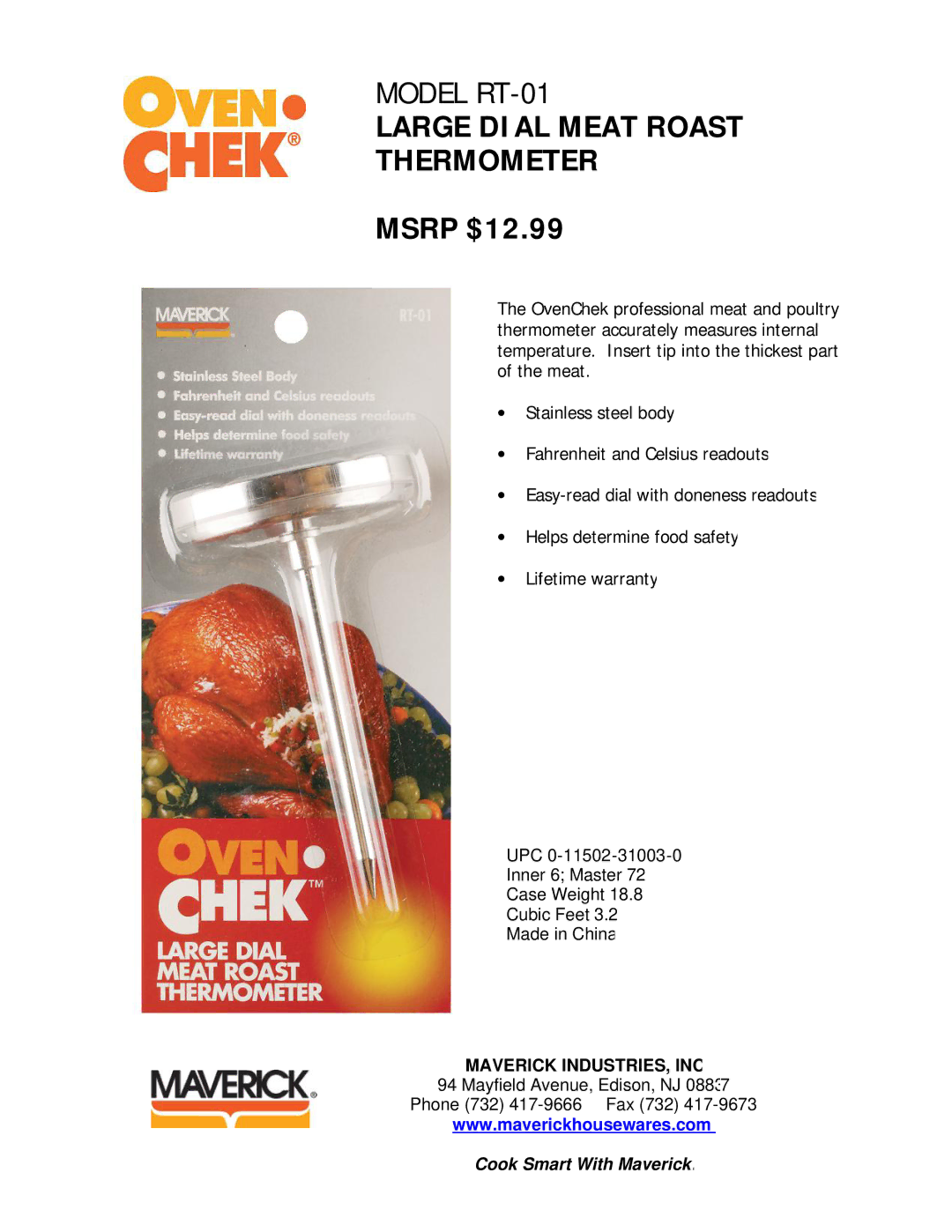 Maverick Ventures RT-01 warranty Large Dial Meat Roast Thermometer, Msrp $12.99 