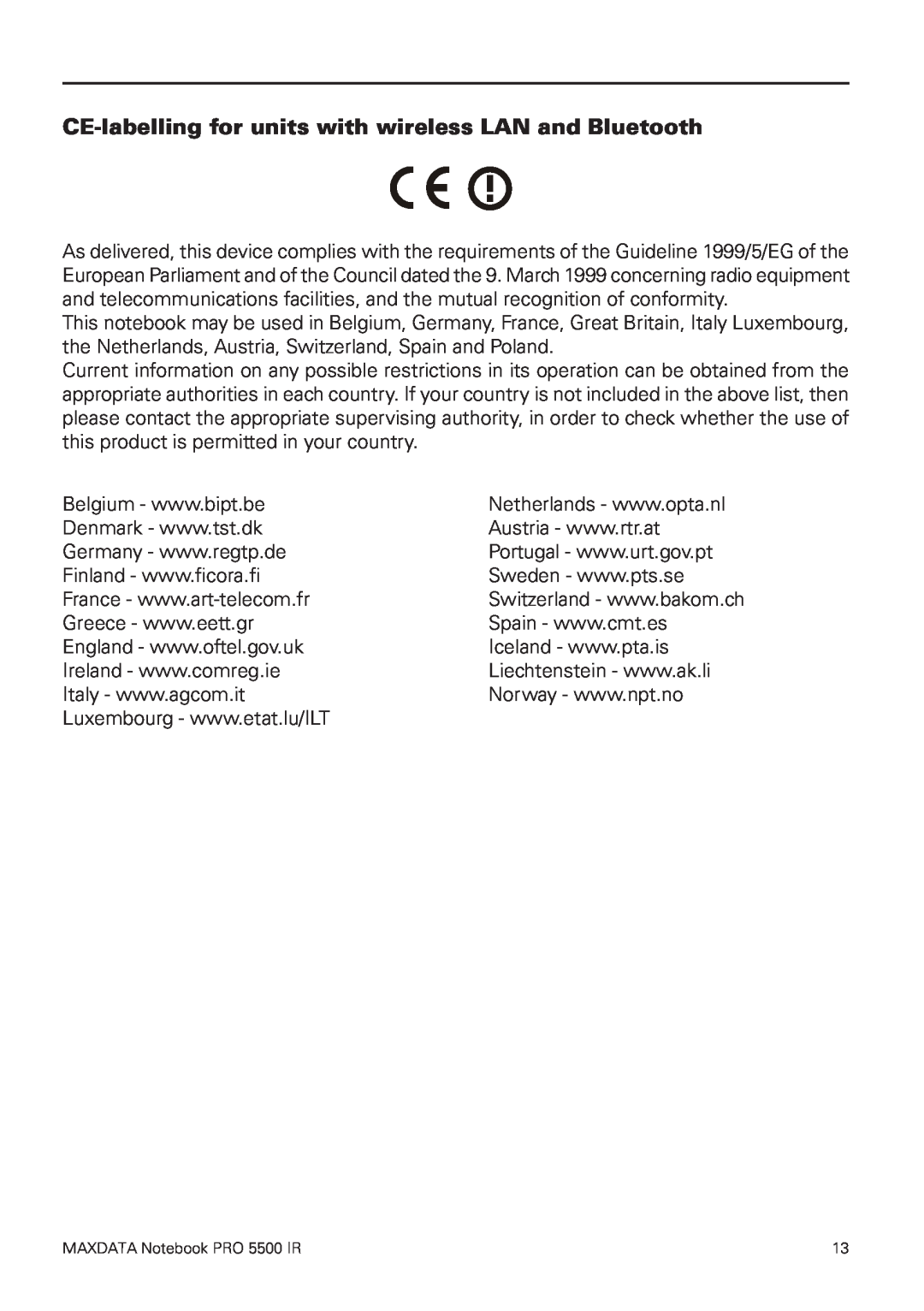 MAXDATA 5500 IR user manual CE-labelling for units with wireless LAN and Bluetooth 