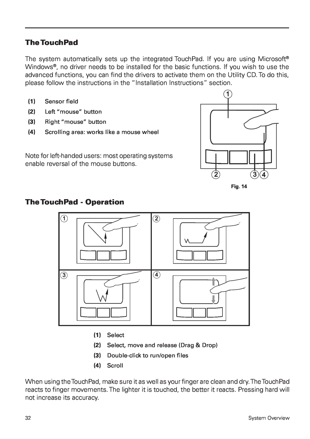 MAXDATA 5500 IR user manual The TouchPad - Operation, Sensor field 2 Left “mouse” button 3 Right “mouse” button 