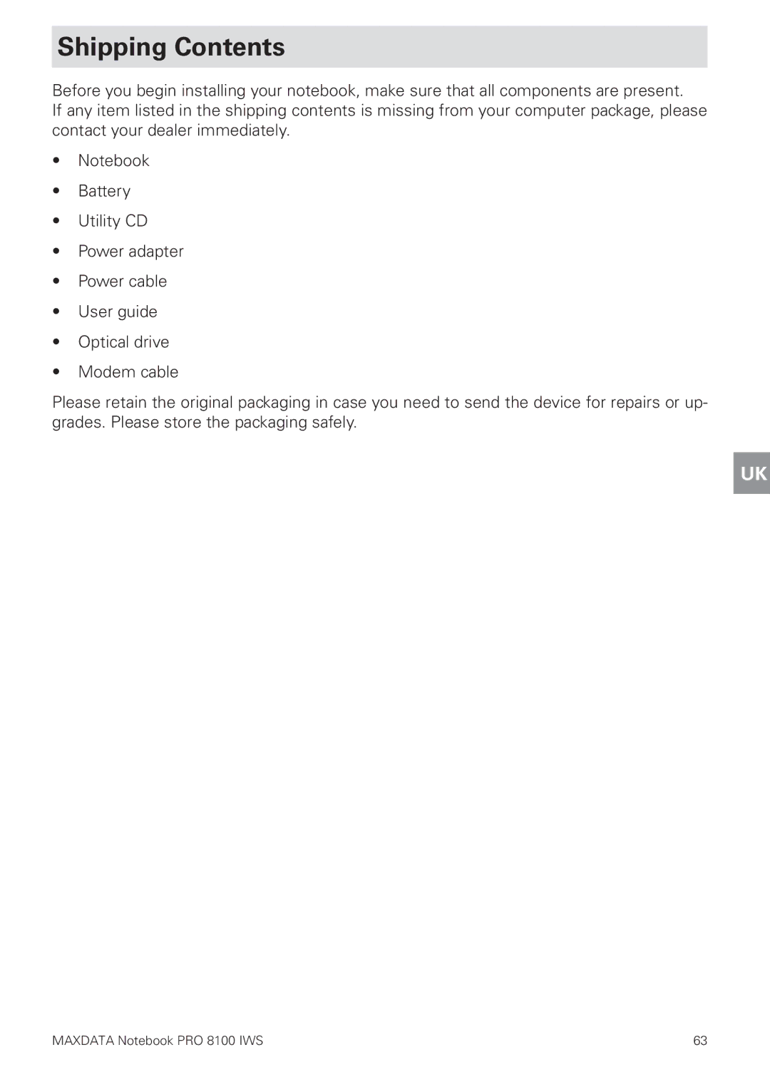 MAXDATA 8100 IWS user manual Shipping Contents 