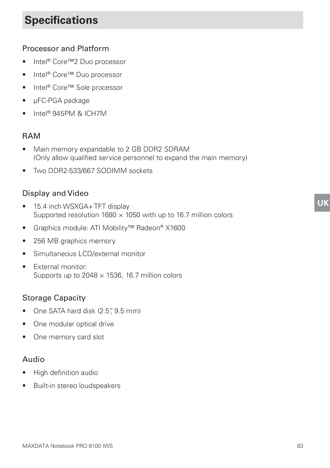 MAXDATA 8100 IWS user manual Speciﬁcations, Processor and Platform, Display and Video, Storage Capacity, Audio 