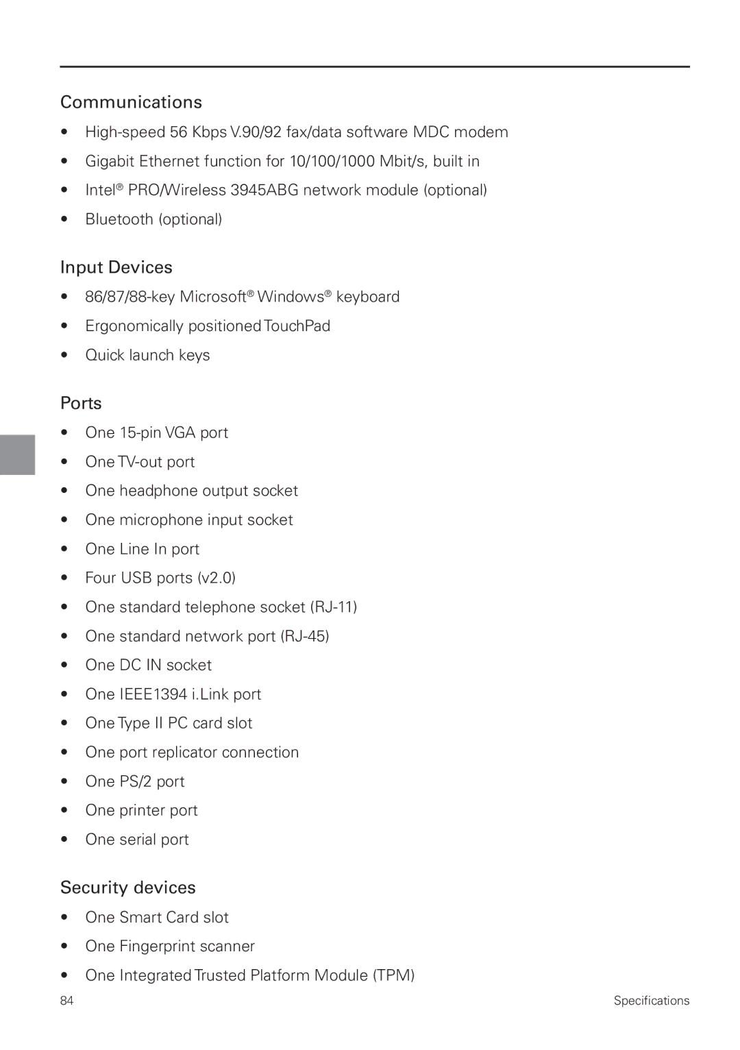 MAXDATA 8100 IWS user manual Communications, Input Devices, Ports, Security devices 