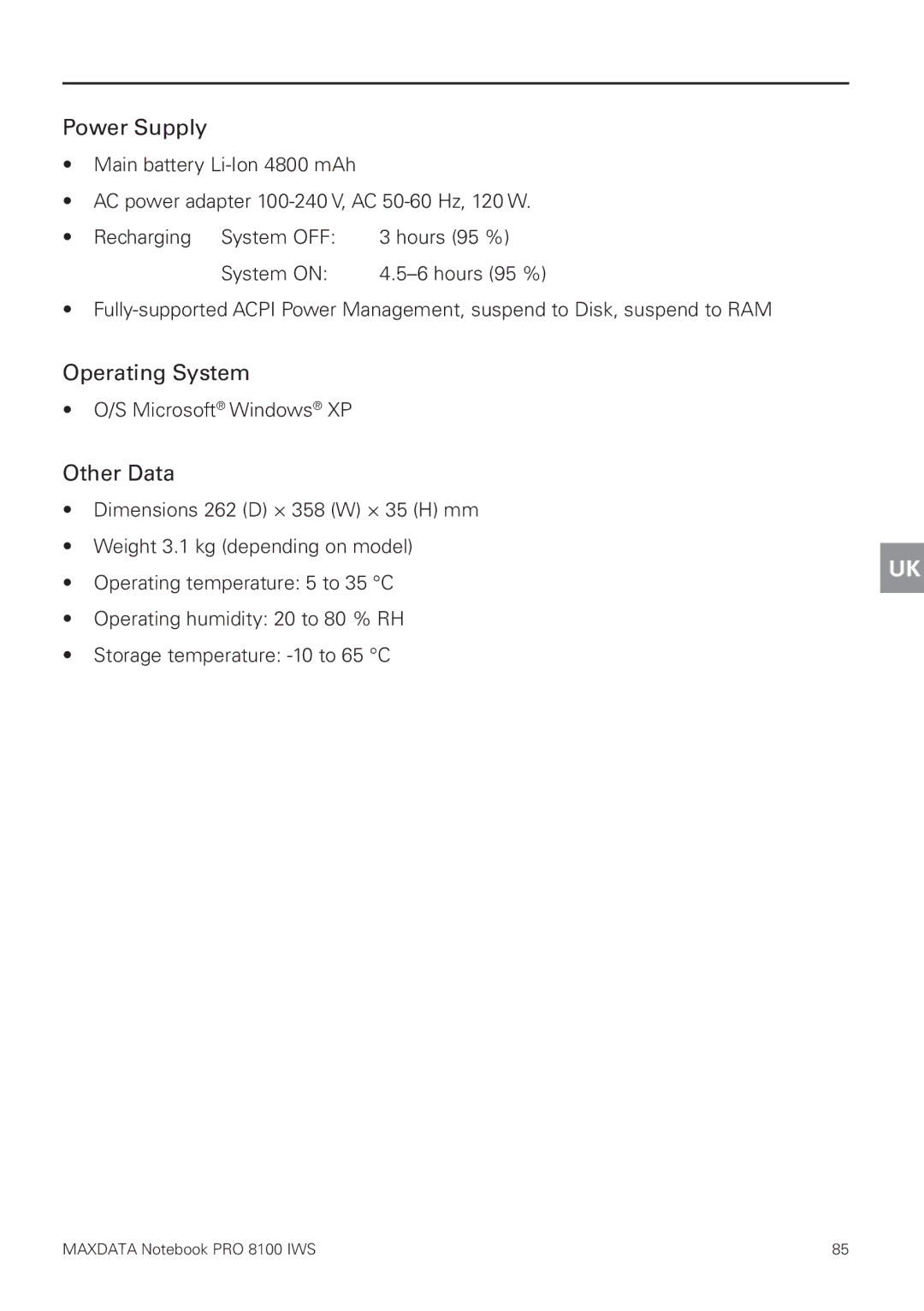 MAXDATA 8100 IWS user manual Power Supply, Operating System, Other Data 