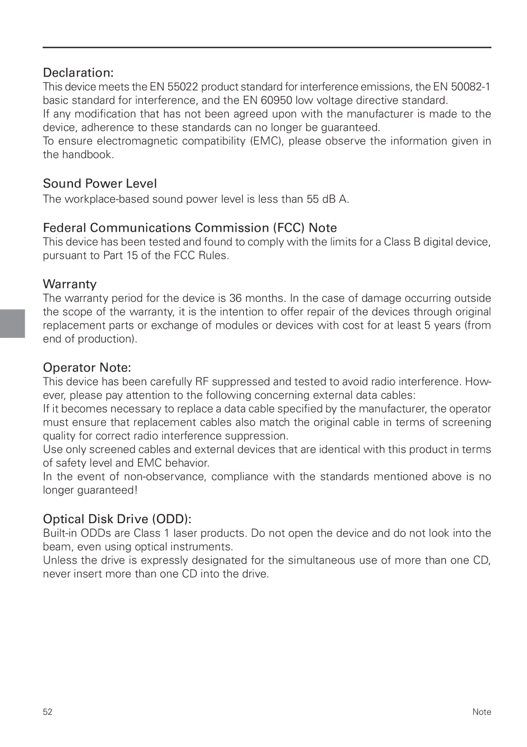 MAXDATA 8100 IWS Declaration, Sound Power Level, Federal Communications Commission FCC Note, Warranty, Operator Note 