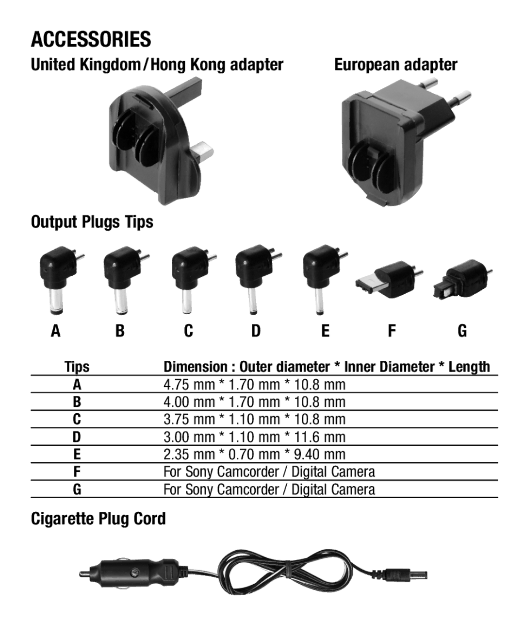 Maxell AC 3000 manual Accessories, Output Plugs Tips, Cigarette Plug Cord 