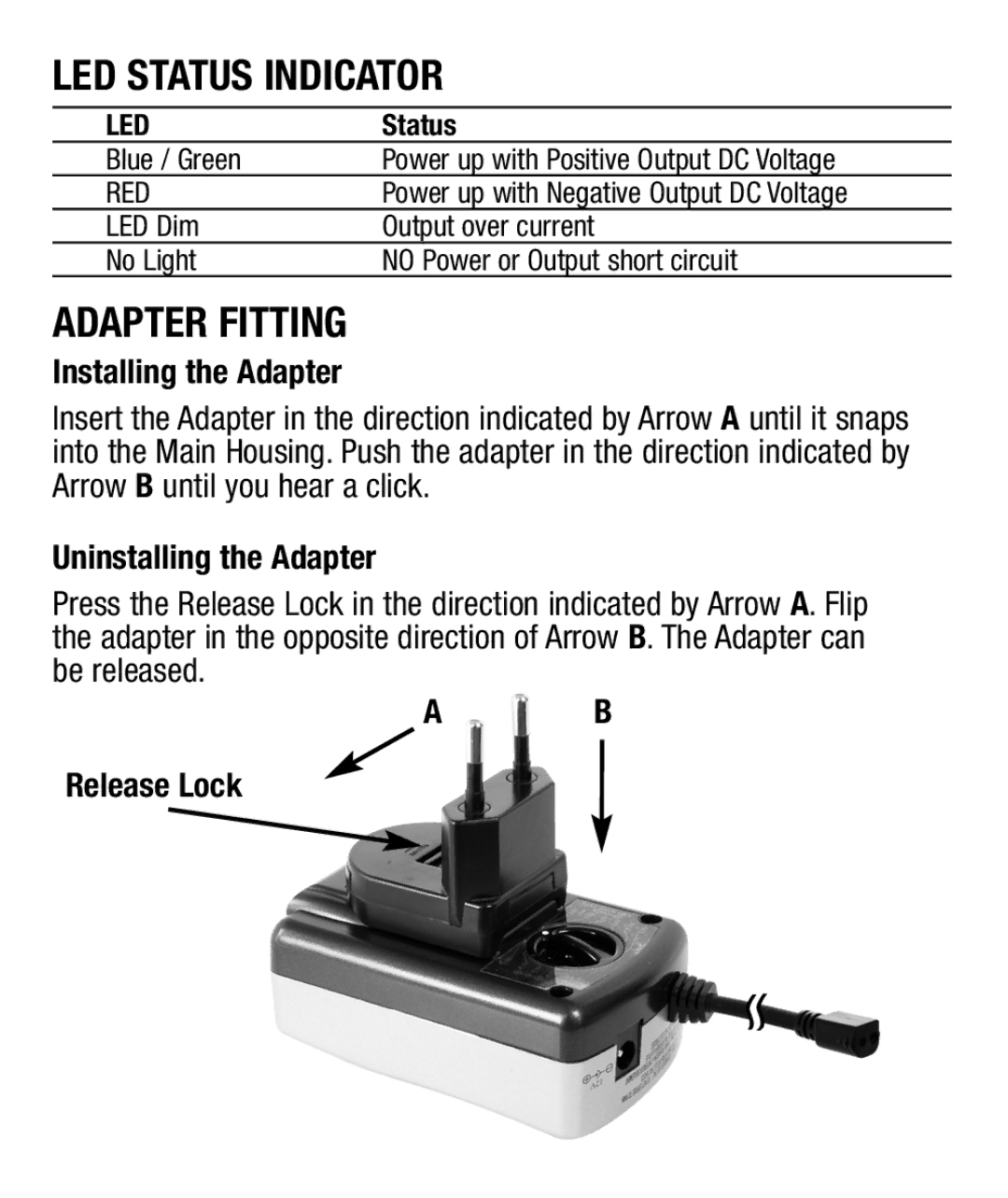 Maxell AC 3000 manual LED Status Indicator, Adapter Fitting, Installing the Adapter, Uninstalling the Adapter, Release Lock 