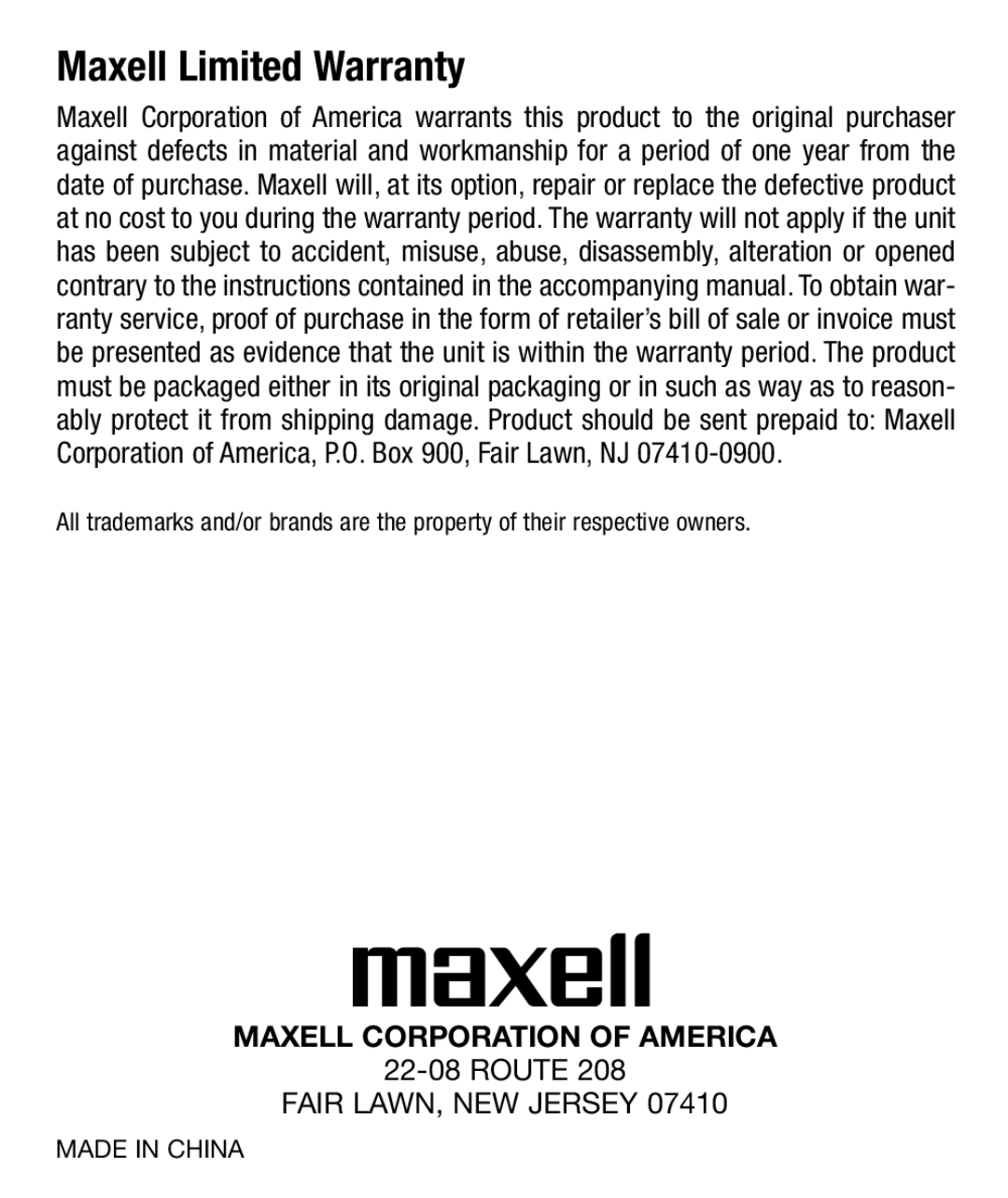 Maxell AC 3000 manual Maxell Limited Warranty, Maxell Corporation Of America 