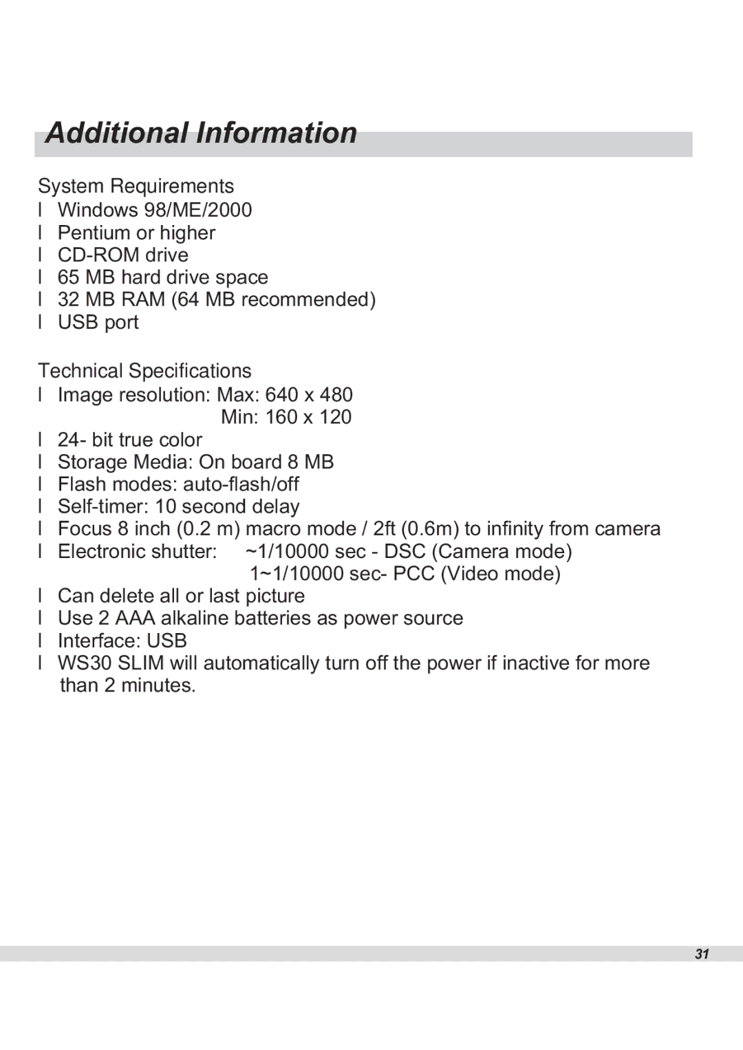 Maxell WS30 manual Additional Information, System Requirements, Technical Specifications 