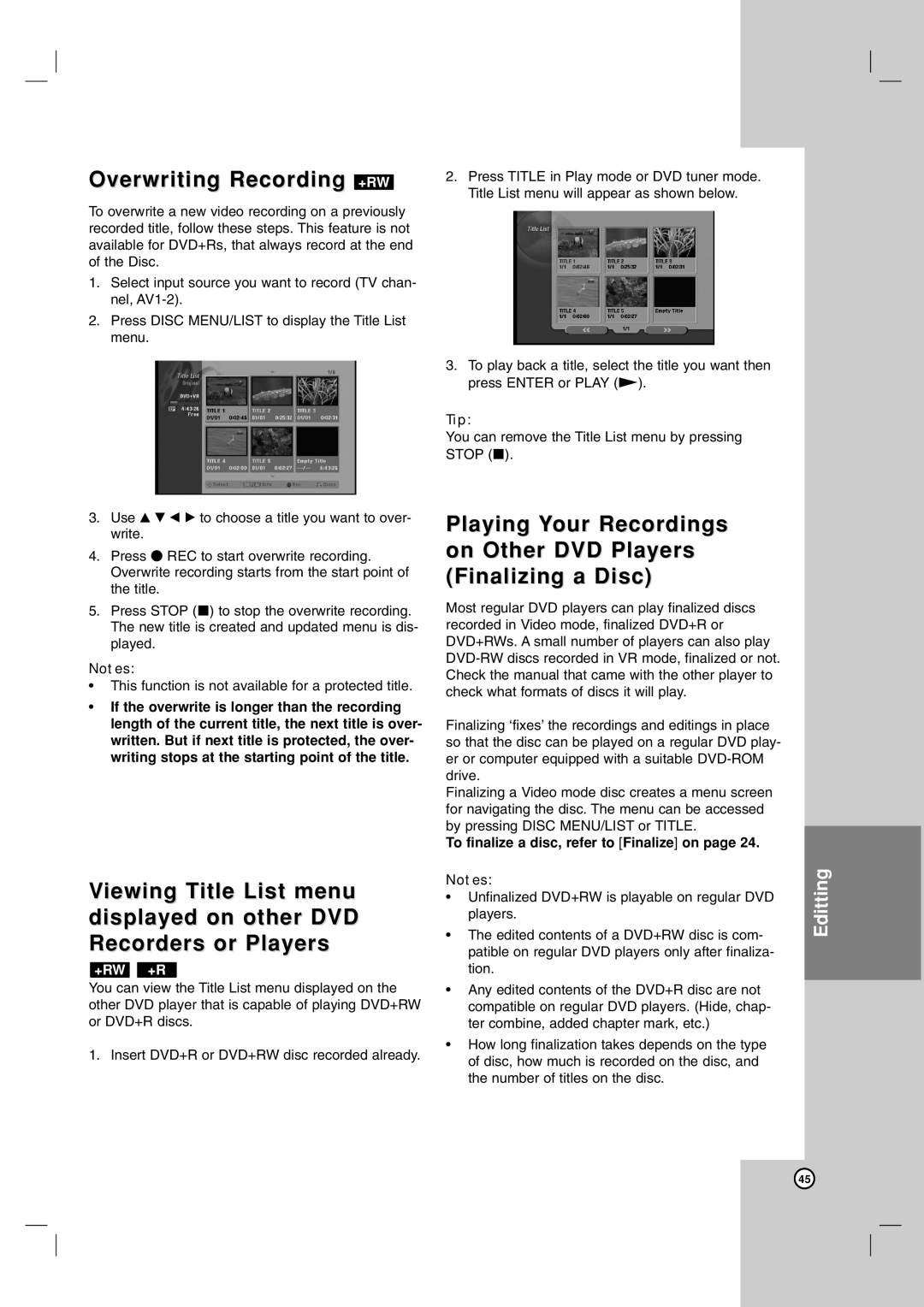 Maxell ZRY-316 manual Overwriting Recording +RW, To finalize a disc, refer to Finalize on 