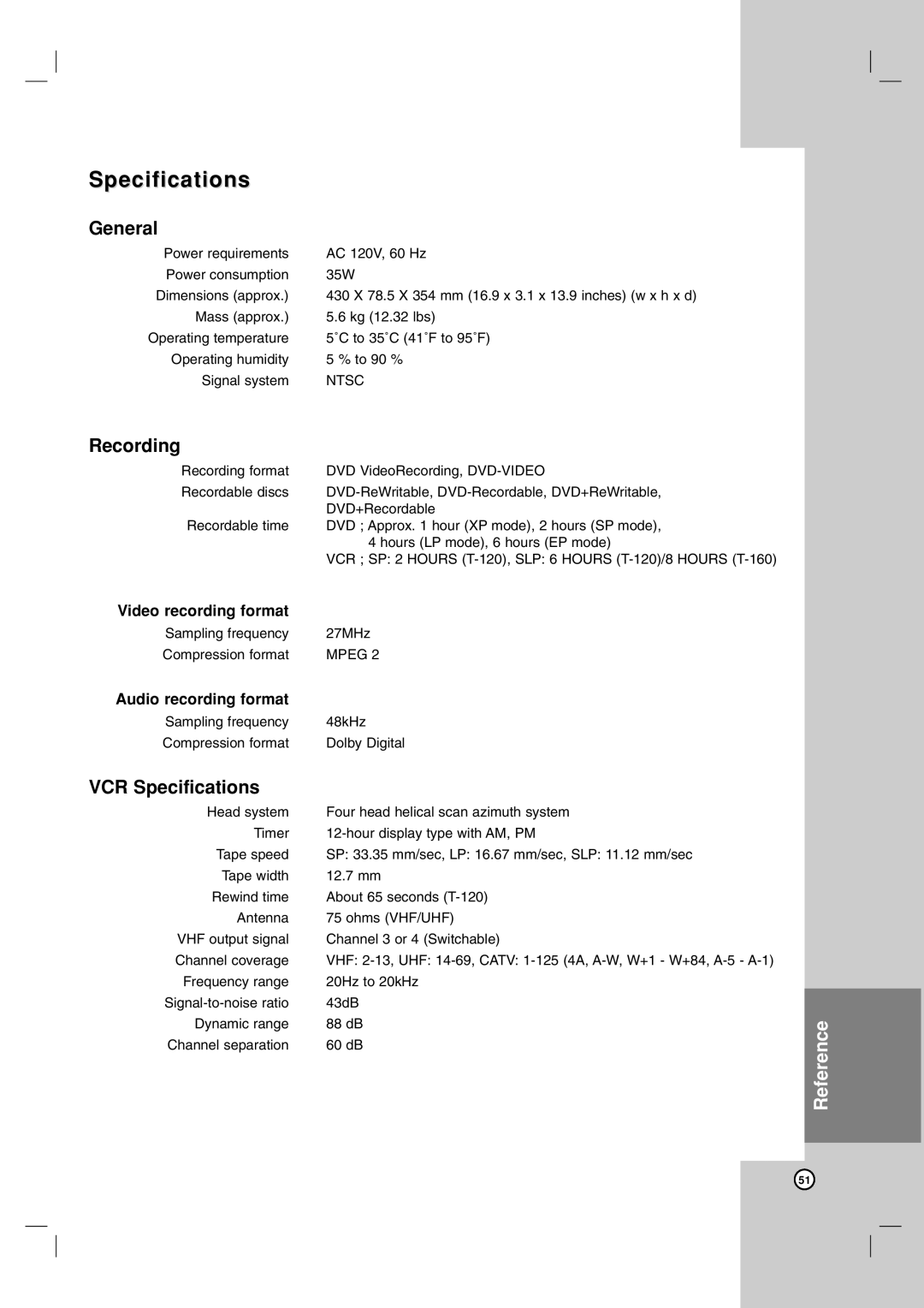 Maxell ZRY-316 manual General, Recording, VCR Specifications 