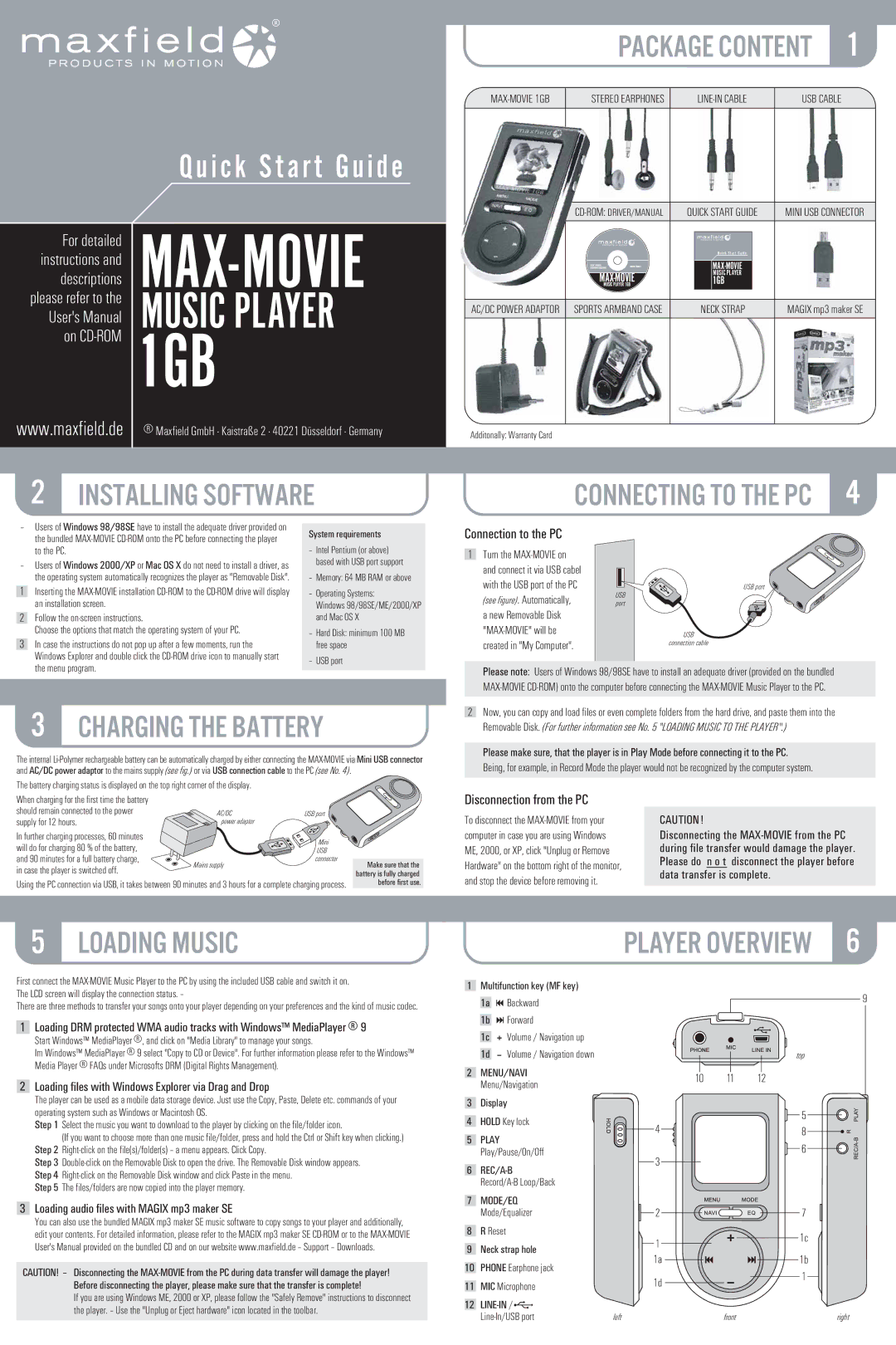 Maxfield 1GB manual Installing Software, Loading Music, Connection to the PC, Disconnection from the PC 