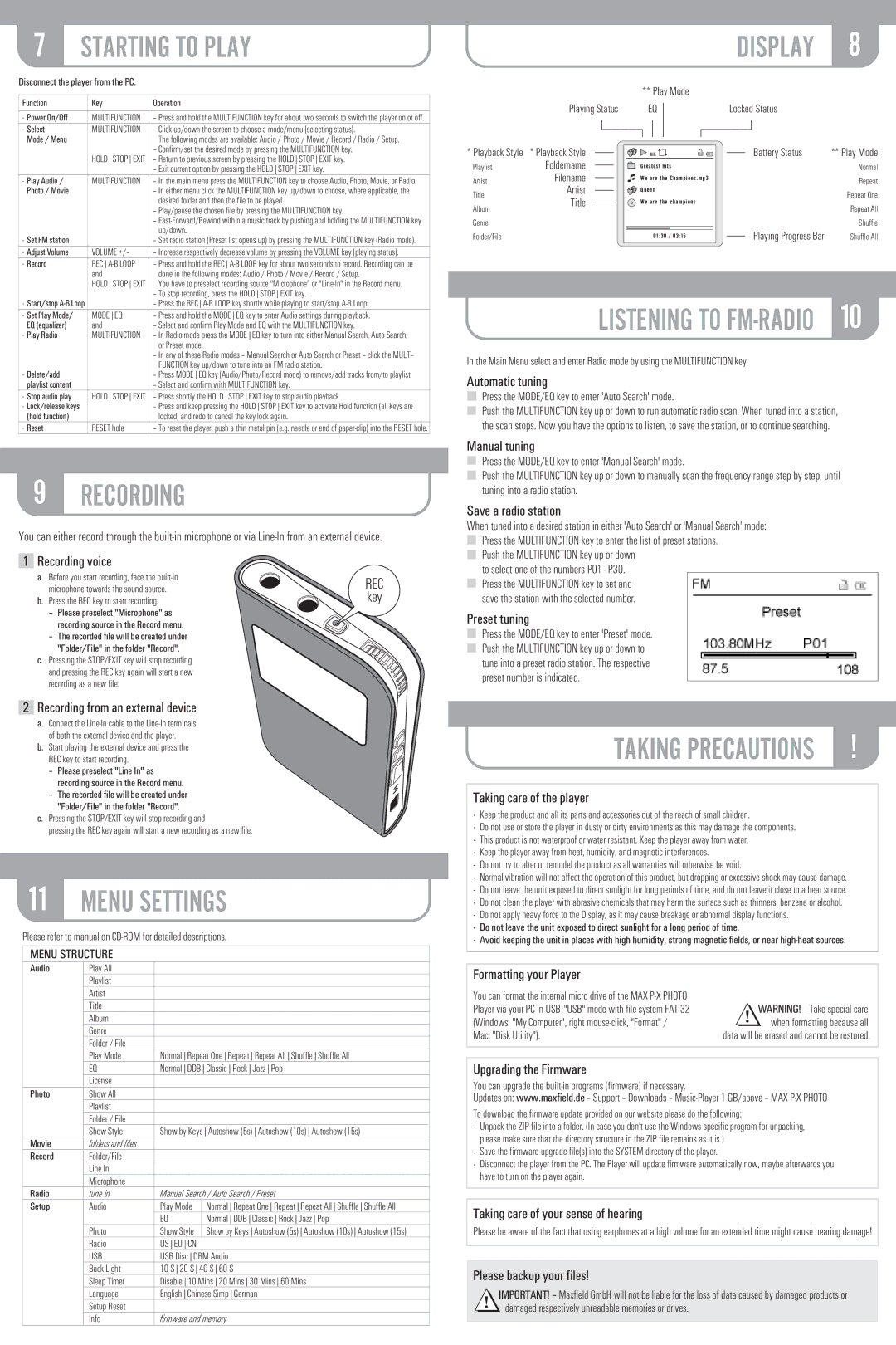 Maxfield 6GB Recording voice, Recording from an external device, Automatic tuning, Manual tuning, Save a radio station 